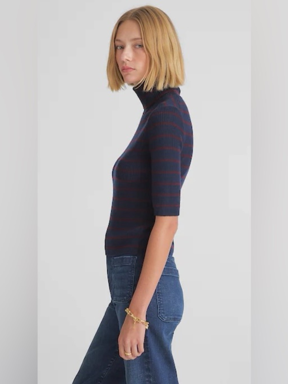 NWT Madewell Merino Wool Ribbed Turtleneck Tee in Deep Navy Stripe, NY532, XL - Picture 4 of 14